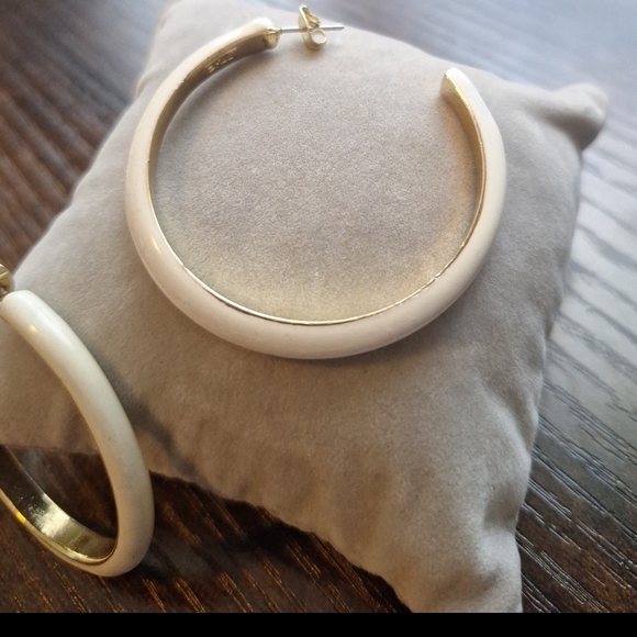 Kenneth Jay Lane Cream and Gold Hoop Earrings - Picture 2 of 3